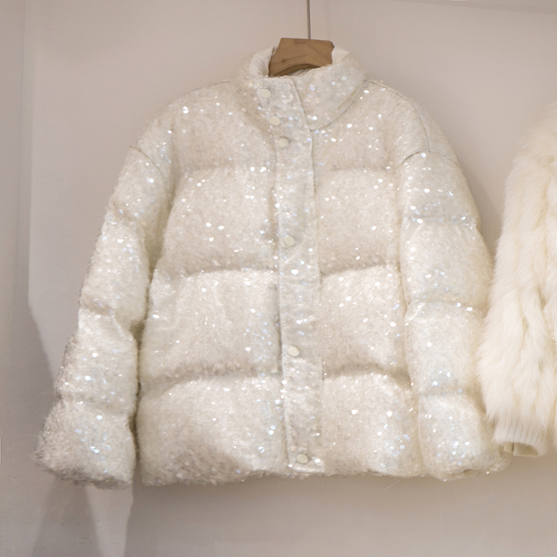 冬季新款面包服立领闪闪发光亮片白鸭绒羽绒服加厚甜美仙女短外套