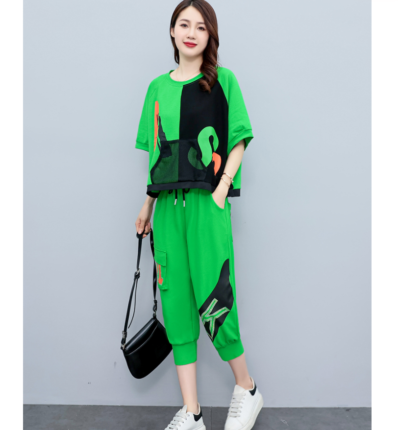 绿色休闲宽松套装女夏天新款韩版大码时尚t恤+七分裤两件套