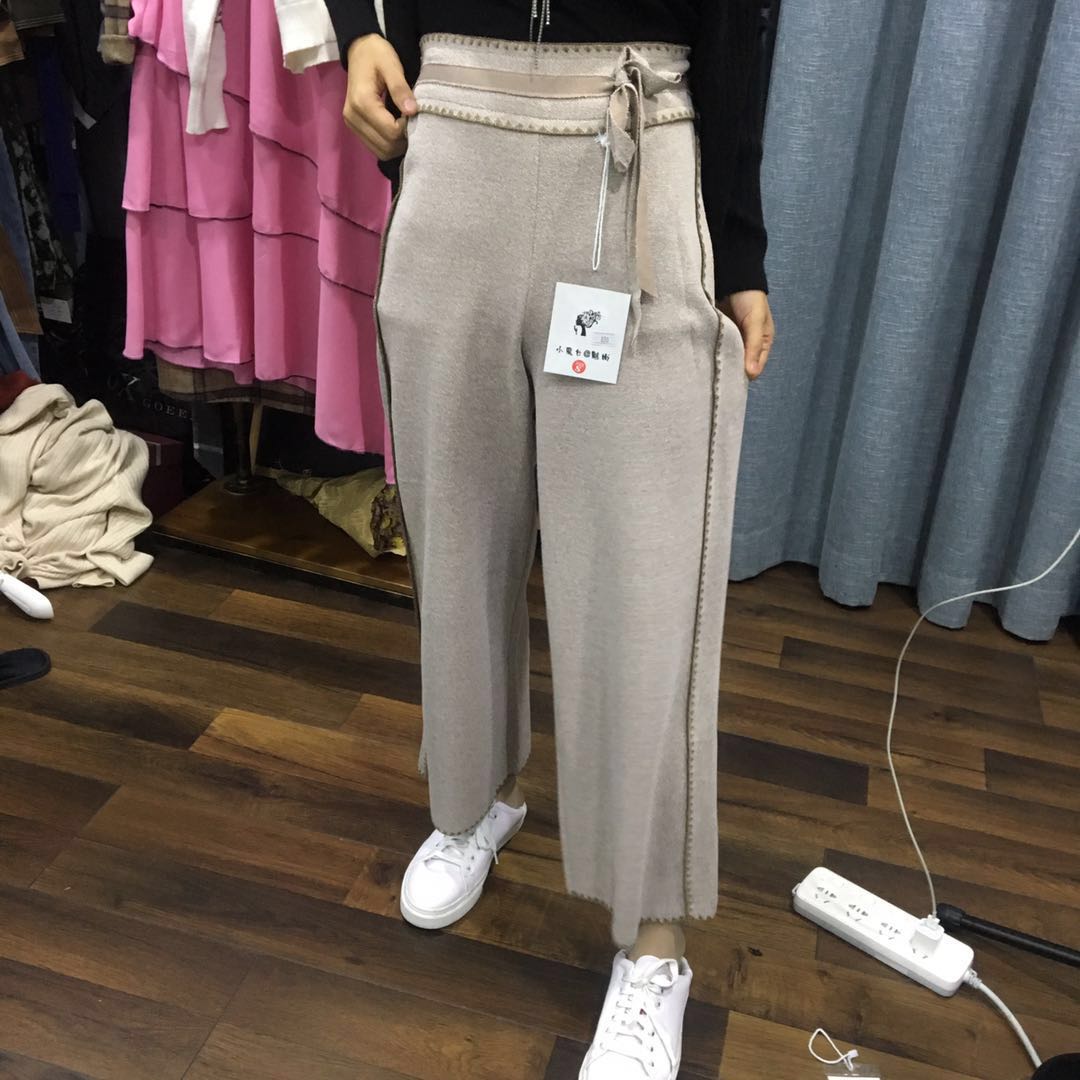 蕾丝边边系带蝴蝶结阔腿裤