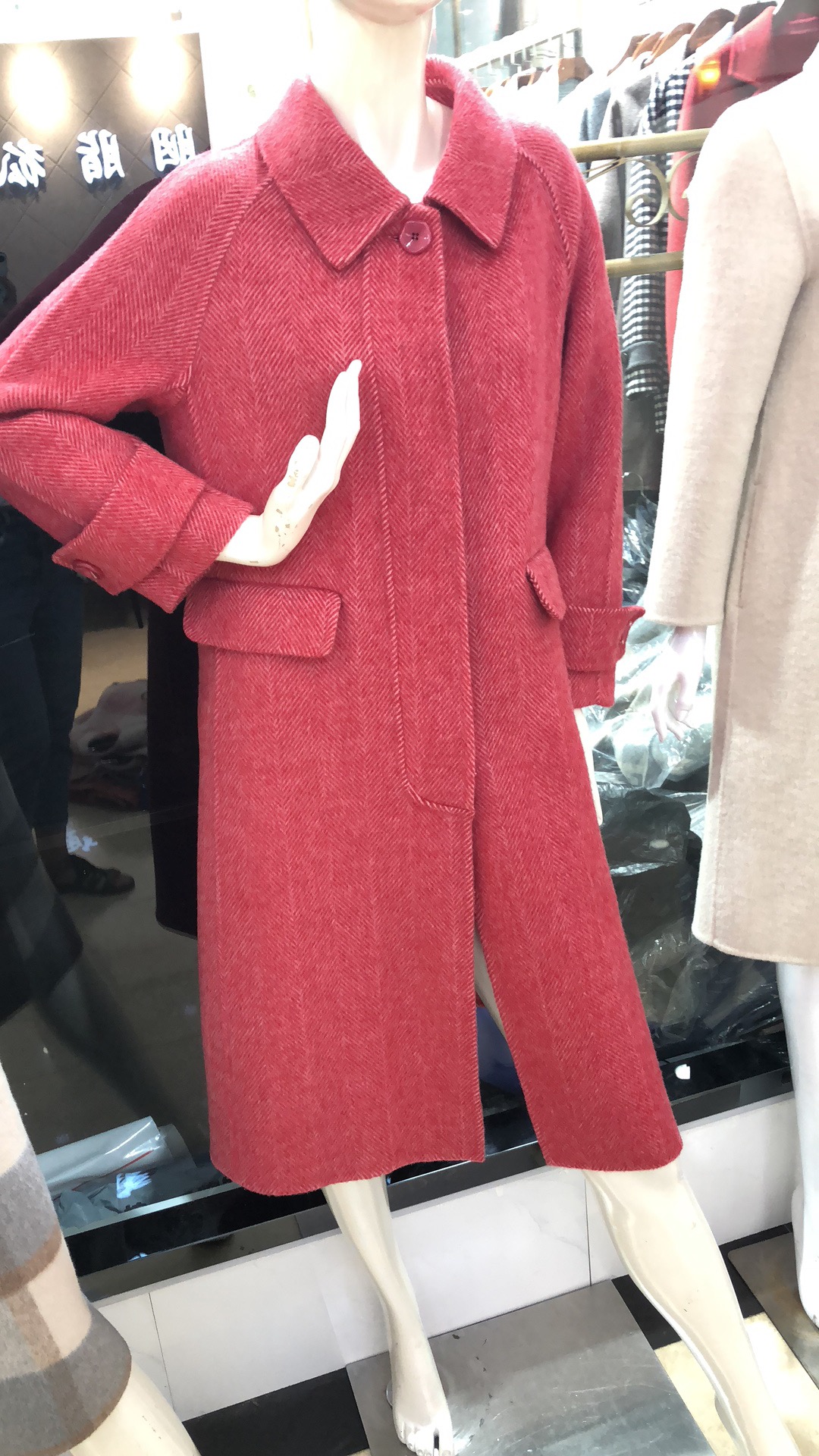 2018秋季新款粉色中长款修身韩版毛呢大衣100%羊毛双面呢外套女