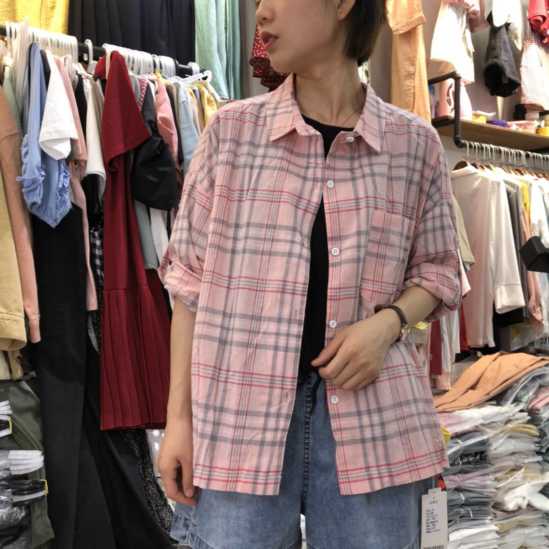 设计感小众显瘦格子衬衫女2019新款很仙的上衣宽松洋气复古衬衣潮