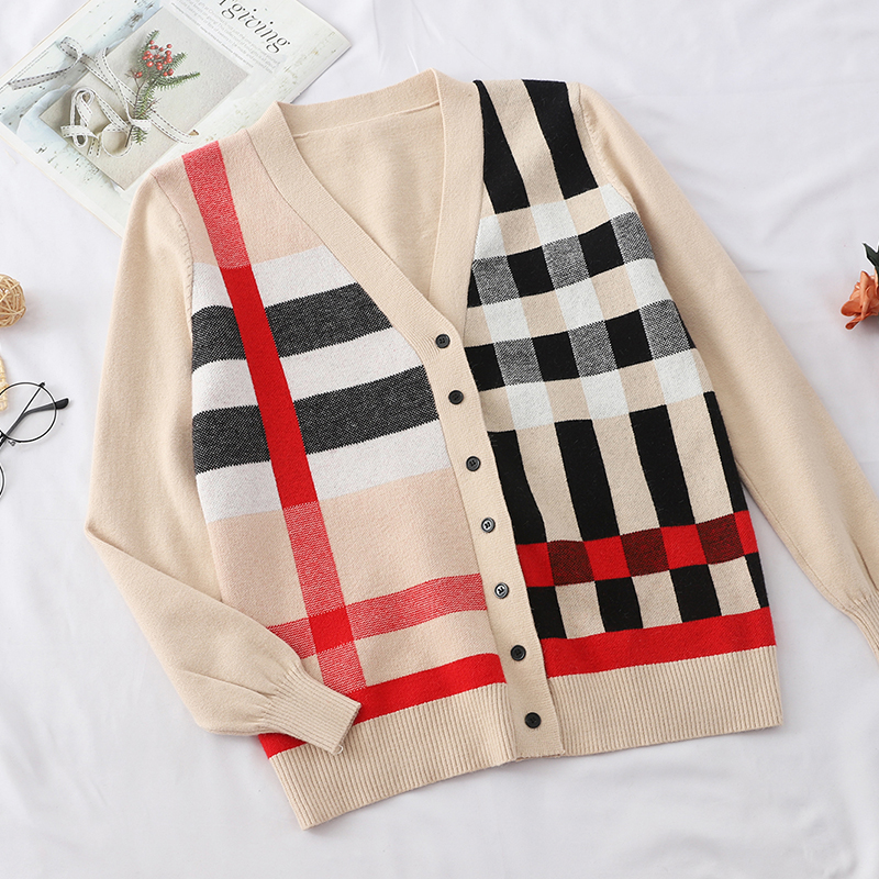 撞色V领长袖针织开衫女2019秋季新款修身显瘦格子毛衣外套女