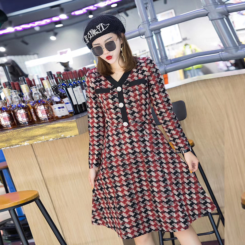 格子连衣裙2019秋新品显瘦高雅收腰A字中长款连衣裙