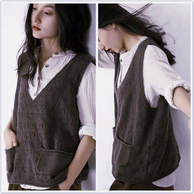 秋季文艺范棉线镂空v领毛衣马甲女宽松背心开衫针织衫短款百搭