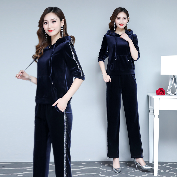 新款休闲时尚金丝绒运动套装卫衣女春秋套裤