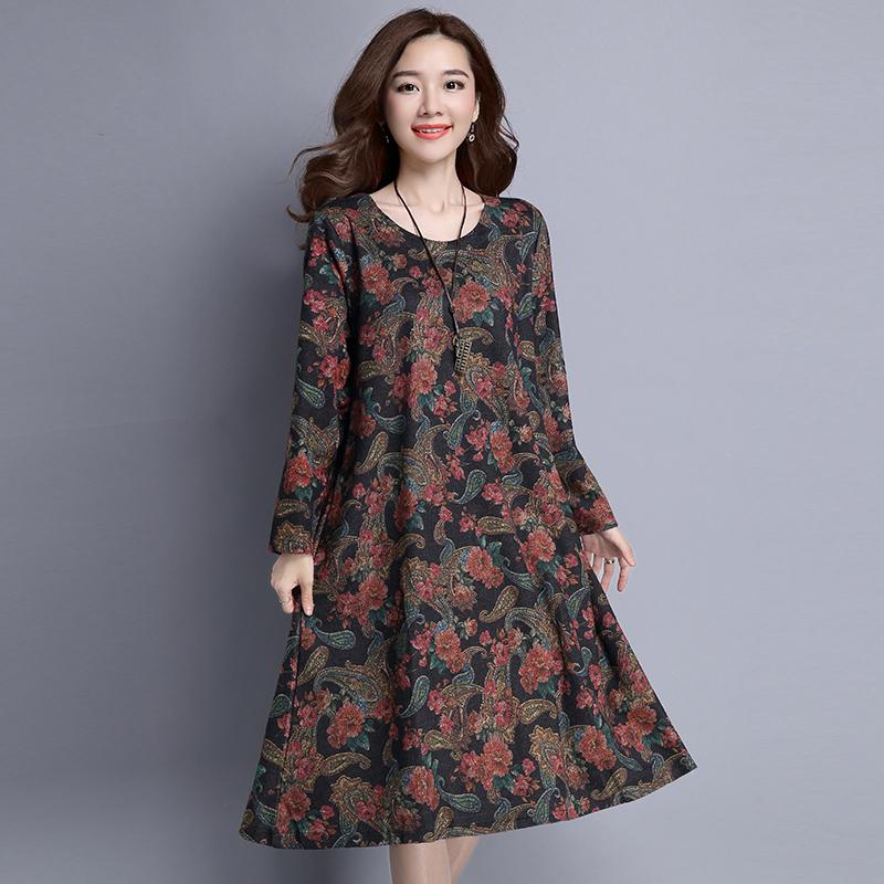 大码连衣裙胖女人遮肚显瘦文艺宽松修身时尚长袖裙子秋季新款2019
