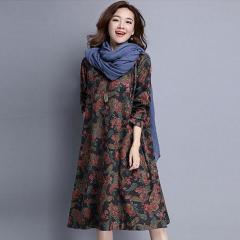 大码连衣裙胖女人遮肚显瘦文艺宽松修身时尚长袖裙子秋季新款2019