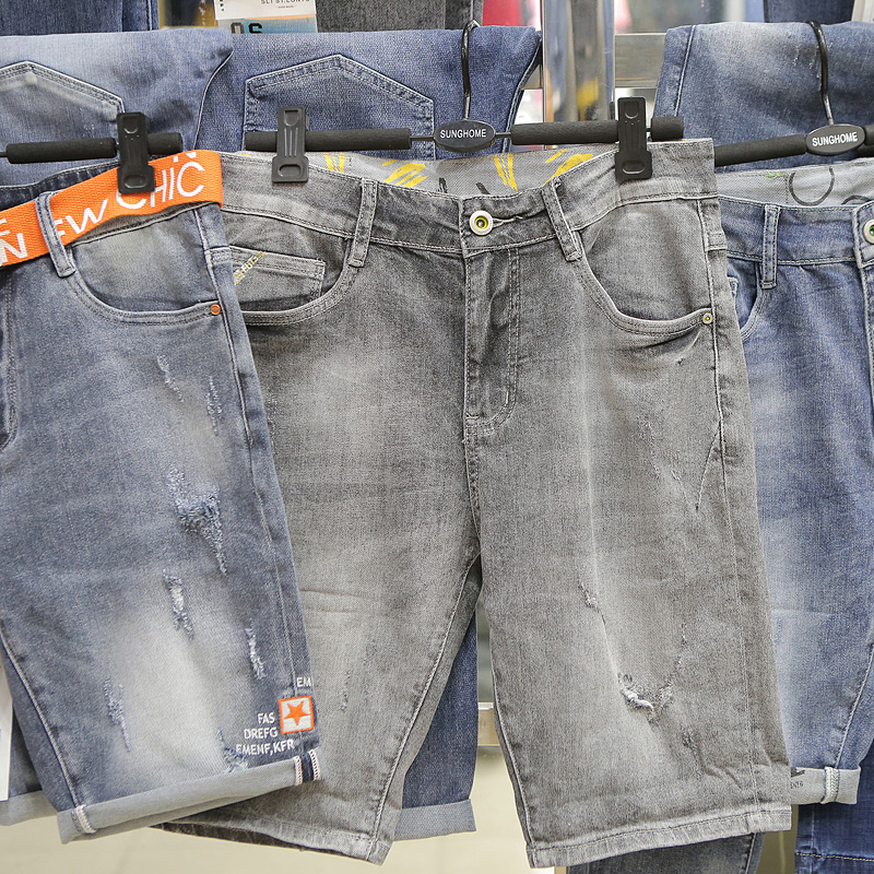 水洗做旧破洞牛仔短裤男潮破五分裤港风外贸尾货男士夏季中裤青年
