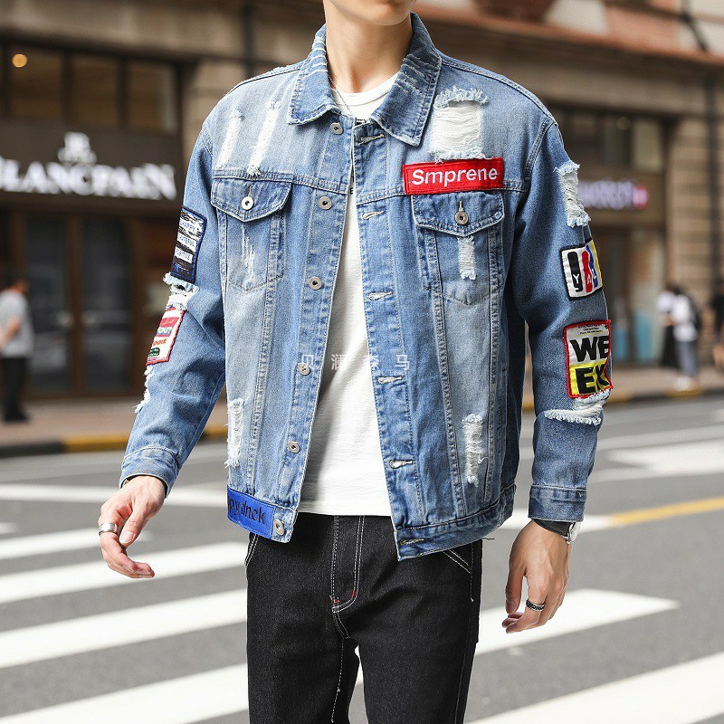 秋季牛仔夹克男ins潮牌韩版青年修身时尚破洞外套春秋款