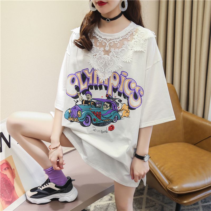 宽松显瘦洋气遮肉上衣蕾丝拼接短袖T恤