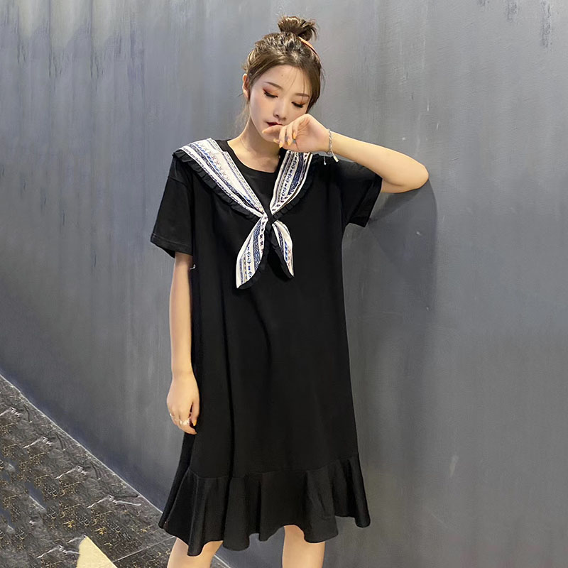 蝴蝶结连衣裙女中长款2020夏新款韩版宽松鱼尾裙拼接莫代尔t恤裙