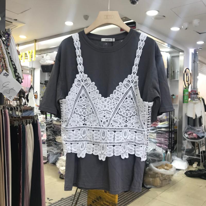 夏新短袖圆领光板T+钩花背心2件套