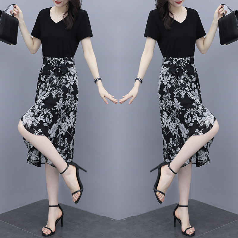 2020年新款雪纺连衣裙女夏女装莫代尔收腰显瘦气质碎花裙子中长裙