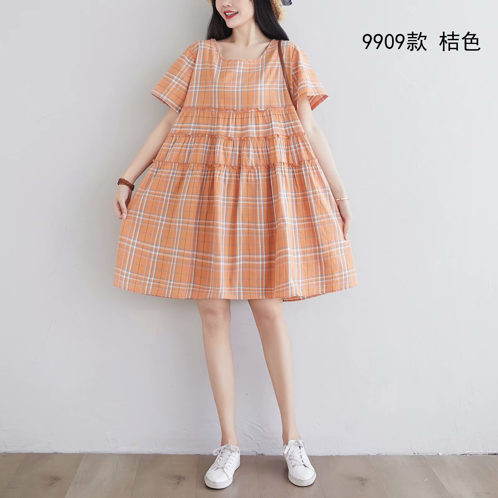 全棉宽松大码圆领短袖连衣裙甜美小个子气质格子短裙女