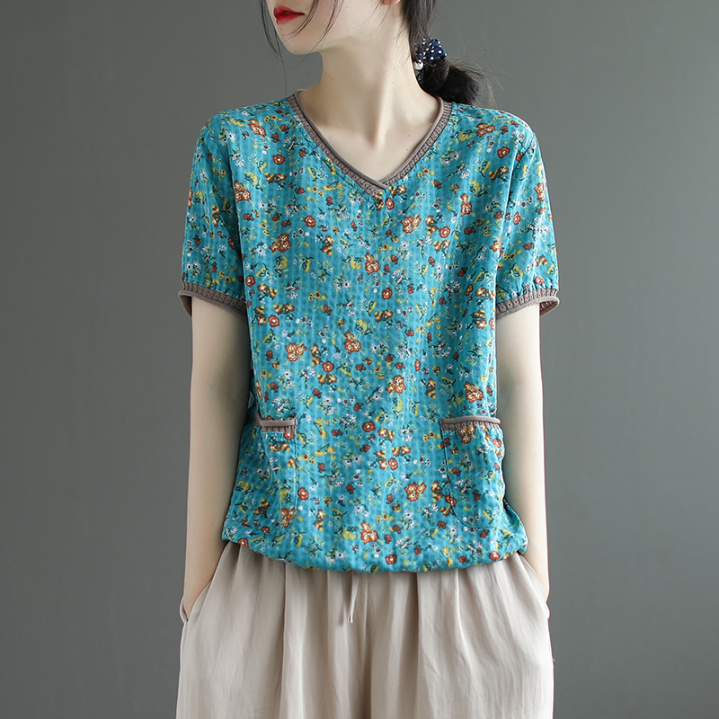文艺复古新款V领短袖t恤女夏季宽松民族风碎花棉麻上衣