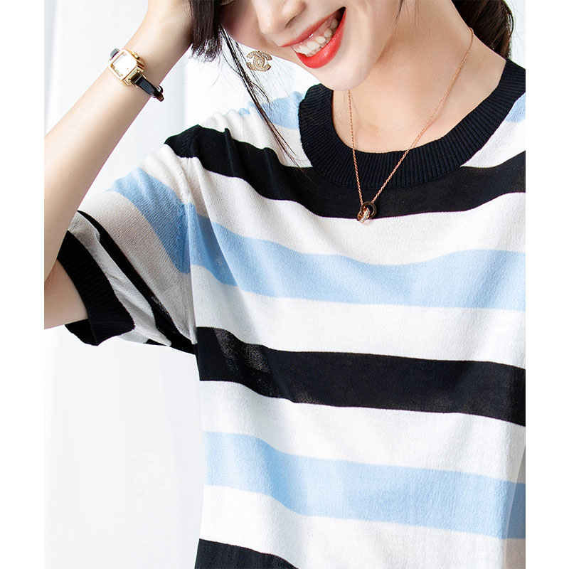 针织条纹短袖t恤女显瘦夏新款圆领五分袖上衣