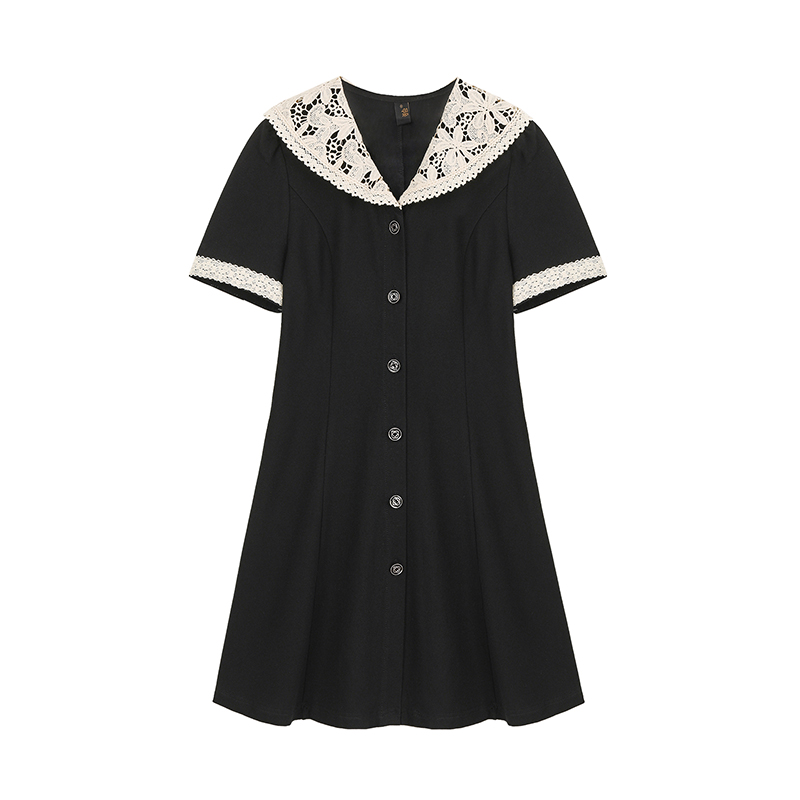 黑色显瘦连衣裙2020年夏季新款蕾丝荷叶领气质中长裙子