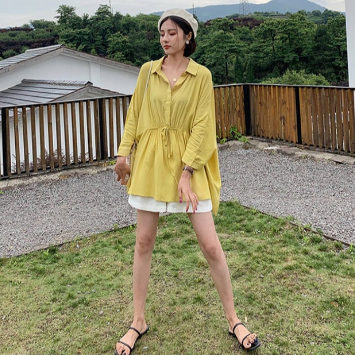 新款胖妹妹韩版收腰显瘦衬衫裙宽松遮肚减龄衬衣