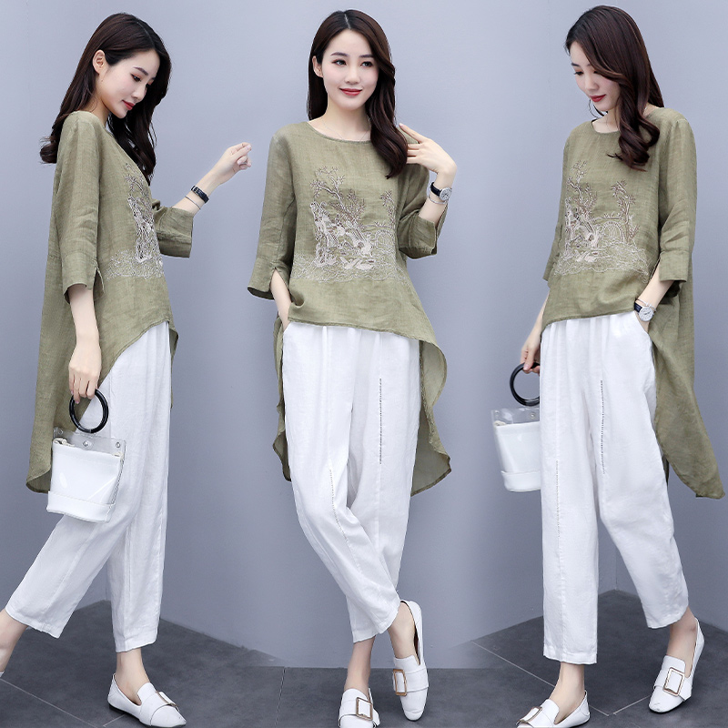新款棉麻休闲文艺纯色绣花不规则中长款苎麻女装上衣衬衣