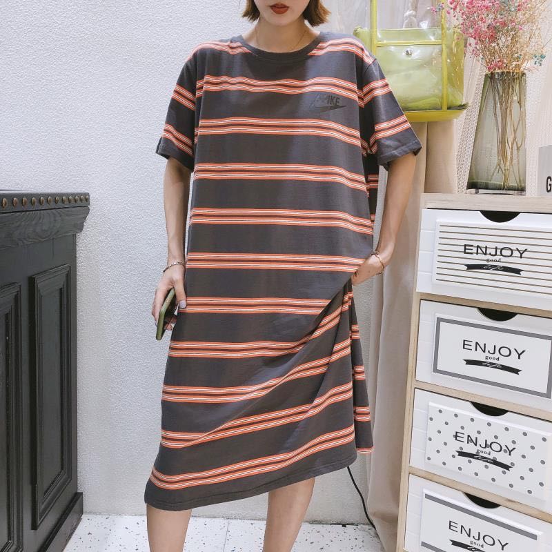 纯棉条纹棕色连衣裙女宽松