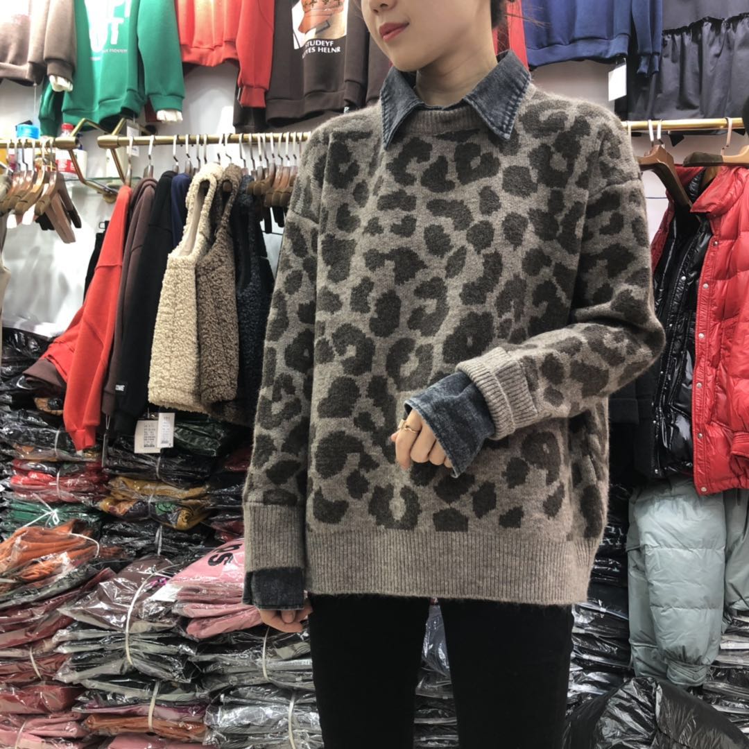 豹纹针织外套宽松毛衣