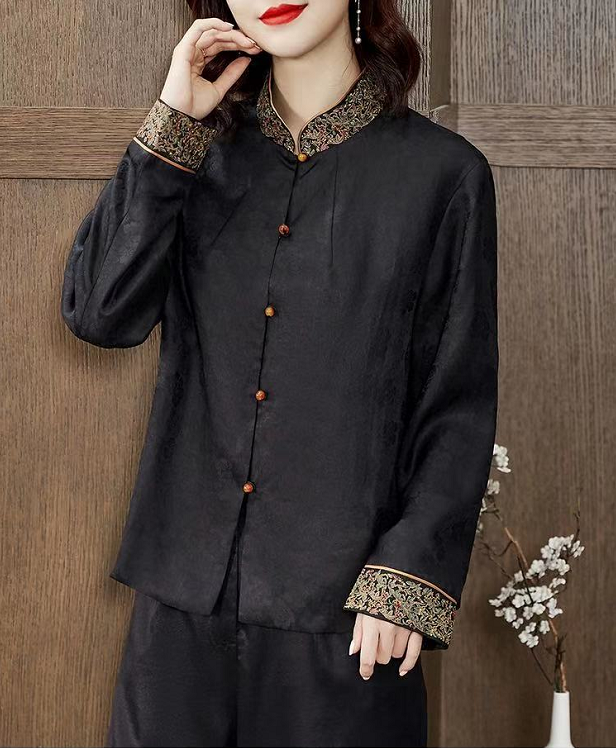 黑色高端香云纱真丝上衣时尚妈妈款