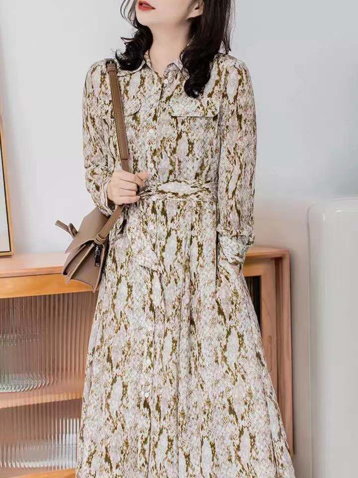 蚕丝蛇纹印花长裙高腰气质修身