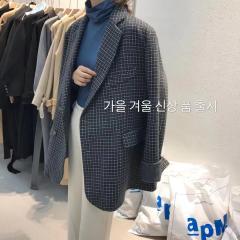 韩国复古格子高端西装毛呢外套女中长款冬款宽松双面羊绒大衣