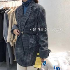 韩国复古格子高端西装毛呢外套女中长款冬款宽松双面羊绒大衣