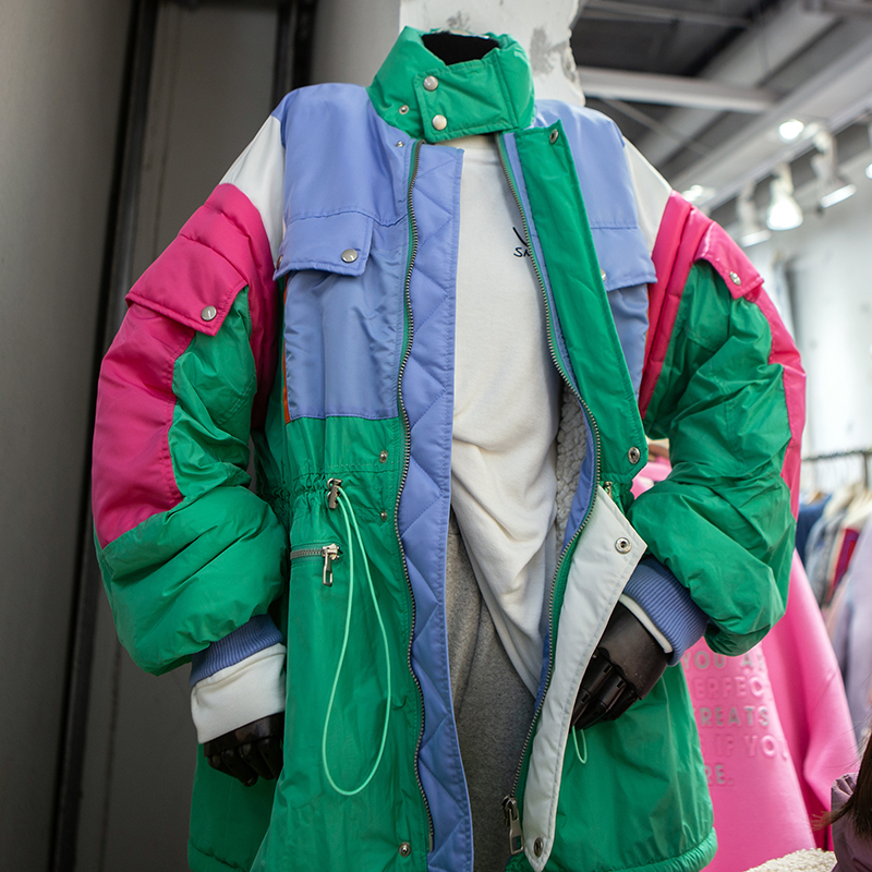 欧韩立领棉衣工拼接内胆羊羔绒加厚工装休闲宽松棉衣棉服风衣外套