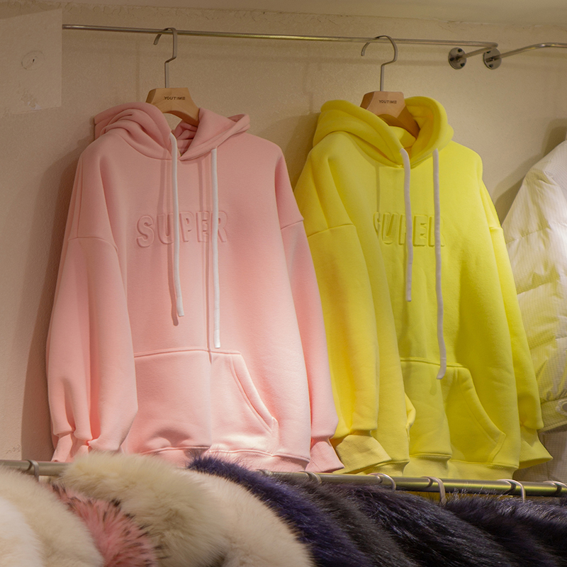 新款春秋宽松毛圈棉刺绣字母连帽套头女卫衣大码