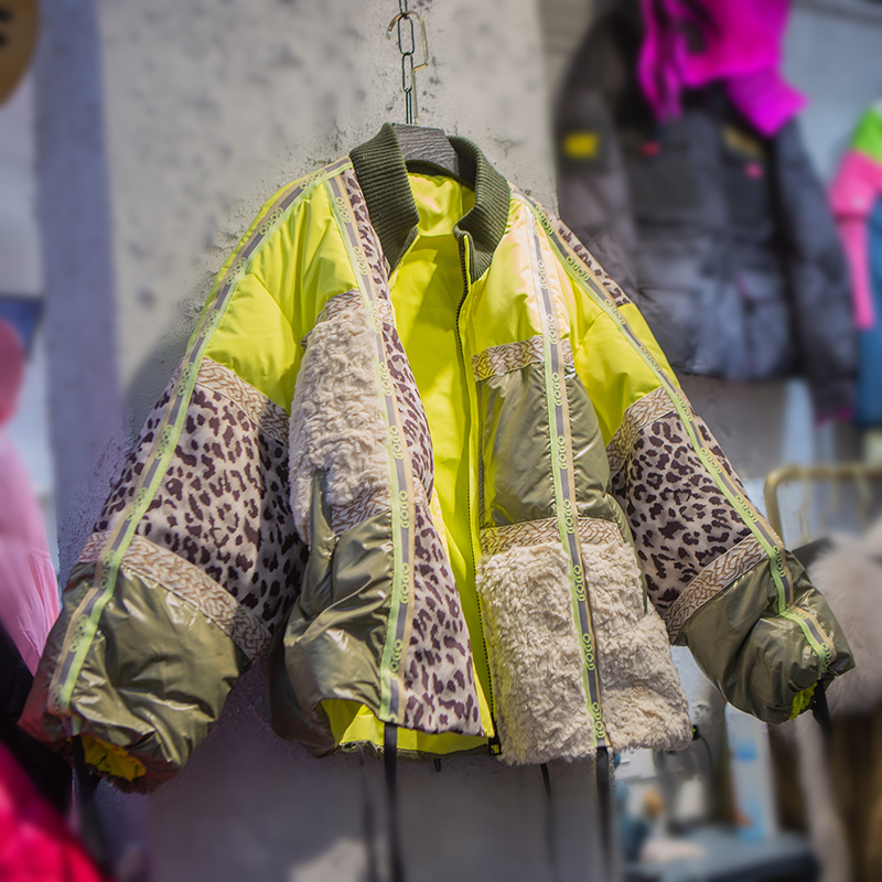 冬季新款网红宽松立领棒球服撞色拼接豹纹羽绒服外套女