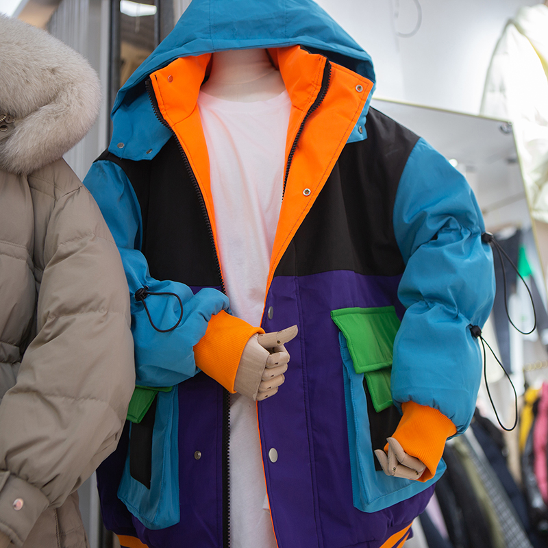 冬装新款工装风ins网红棉服女宽松连帽百搭撞色拼接保暖外套