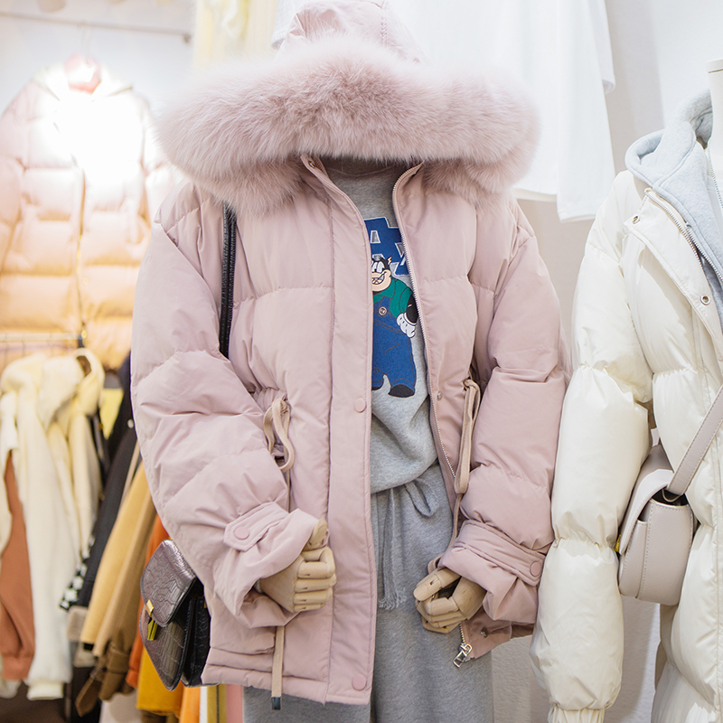 新款韩版羽绒服女短款休闲连帽狐狸毛领大码女士白鸭绒外套