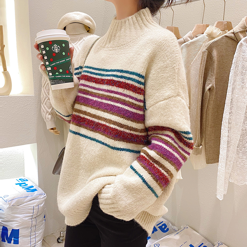 复古条纹毛衣女套头半高领秋冬宽松中长款内搭打底针织衫外套加厚
