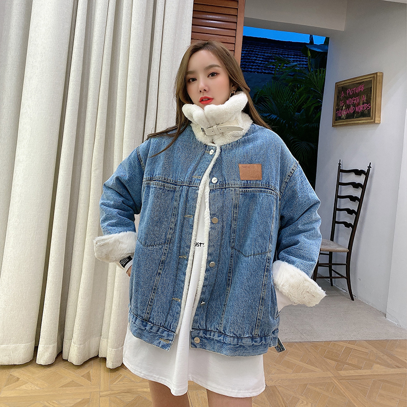 气质显瘦立领加厚兔毛绒—甜酷牛仔外套