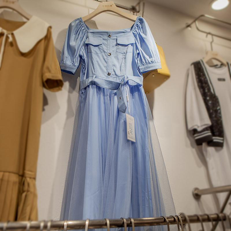 连衣裙女夏新款短袖复古港味气质收腰拼接网纱中裙女