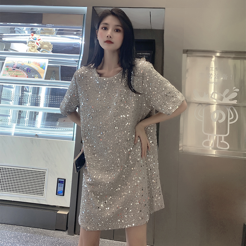 钻光T裙亮片连衣裙女韩版春夏圆领中长款设计感小众短袖裙子
