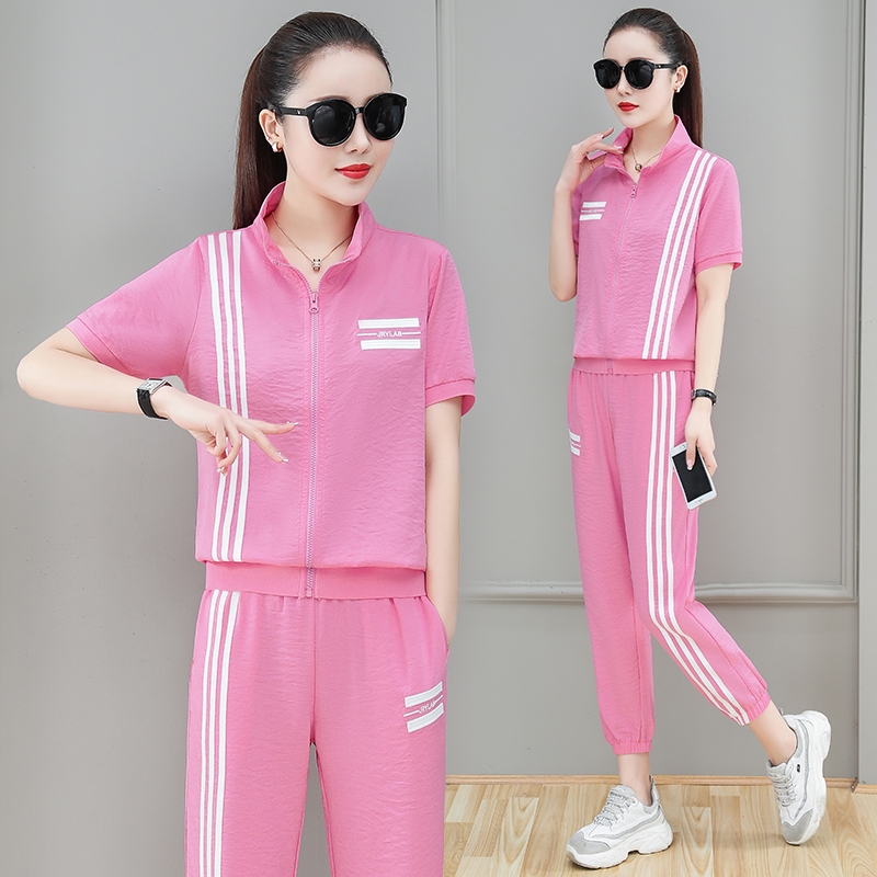 新款时尚宽松短袖开衫名牌休闲服两件套潮