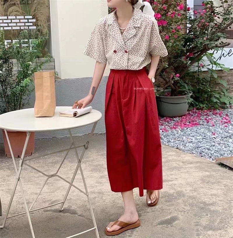 油画风碎花半身裙女夏新款高腰显瘦a字中长款裙子+衬衫上衣