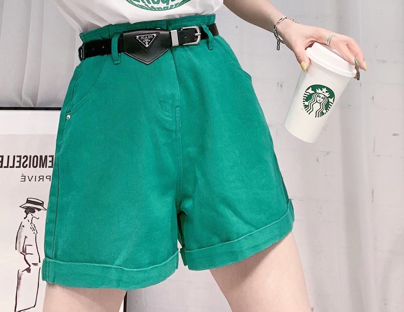 欧货复古高腰阔腿短裤女夏季宽松显瘦百搭牛仔裤子潮