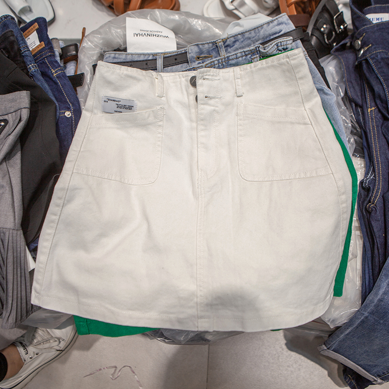 夏季新款A字裙两粒扣高腰显瘦牛仔裙子口袋半身裙