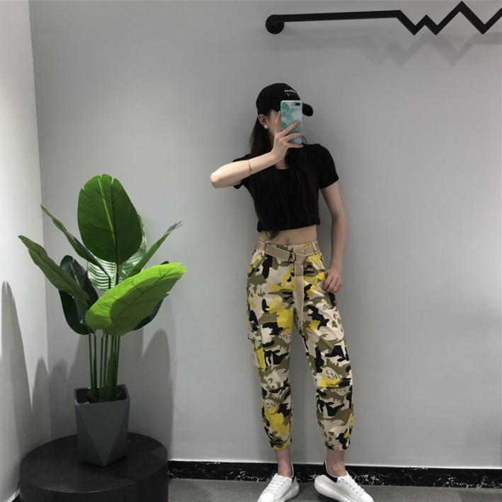 时尚个性迷彩运动九分裤女士夏季新款显瘦休闲束脚工装裤子 时尚百搭