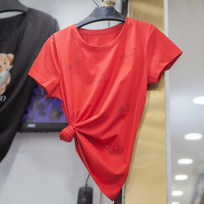 新款纯棉短袖t恤女ins潮夏季宽松中长款网纱亮片设计感上衣