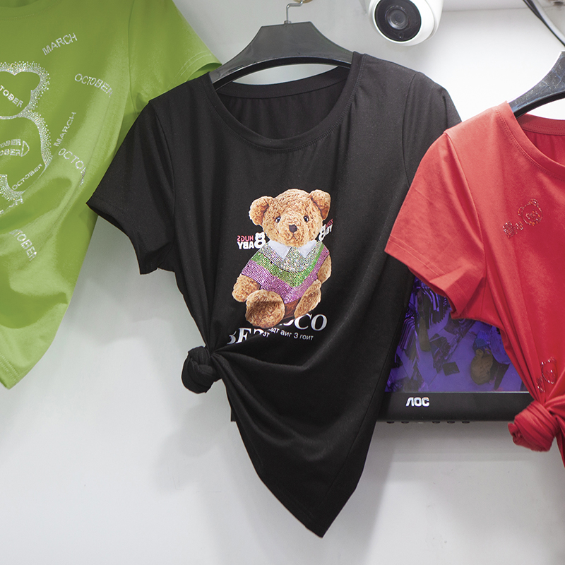 夏季新款纯棉圆领短袖小熊印花休闲T恤