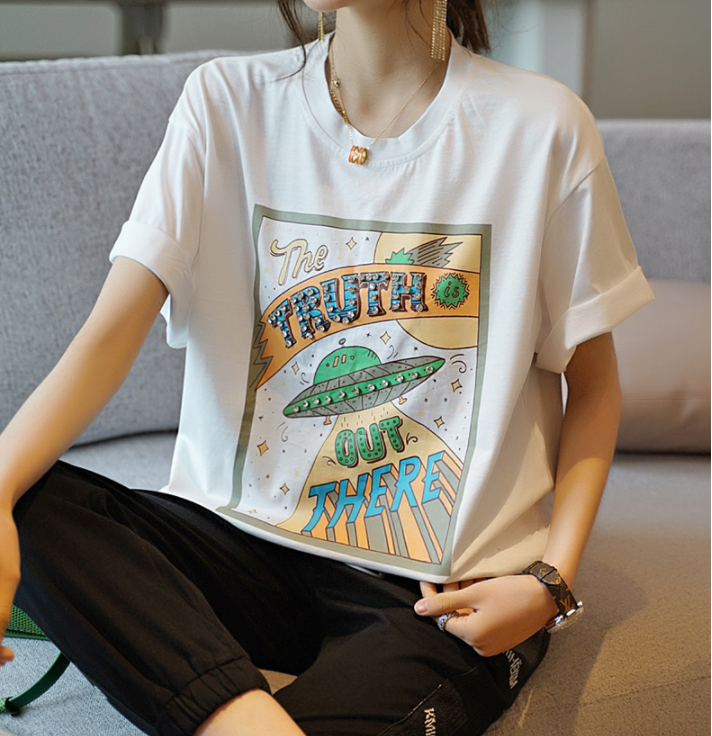 夏装新款欧洲站休闲百搭字母烫钻上衣