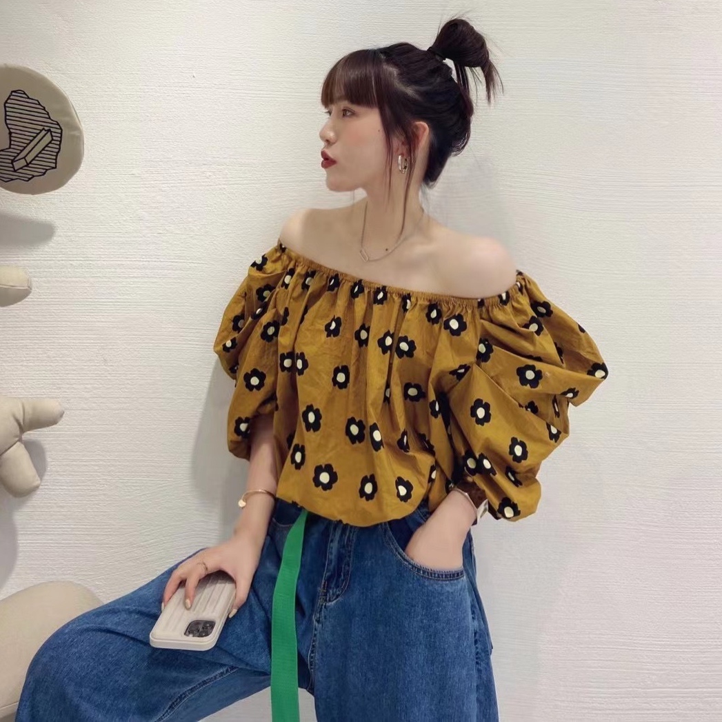 夏季名媛风可拉肩两穿一字肩领套头泡泡袖花朵衬衫上衣