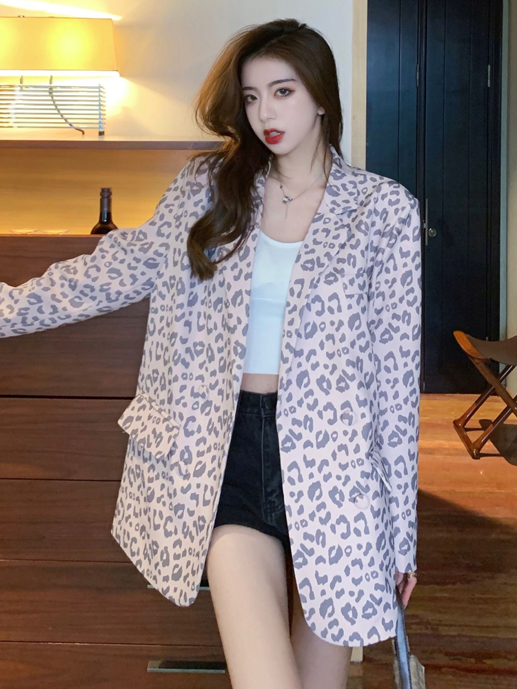新款韩版气质网红爆款炸街豹纹西服宽松休闲粉色西装外套