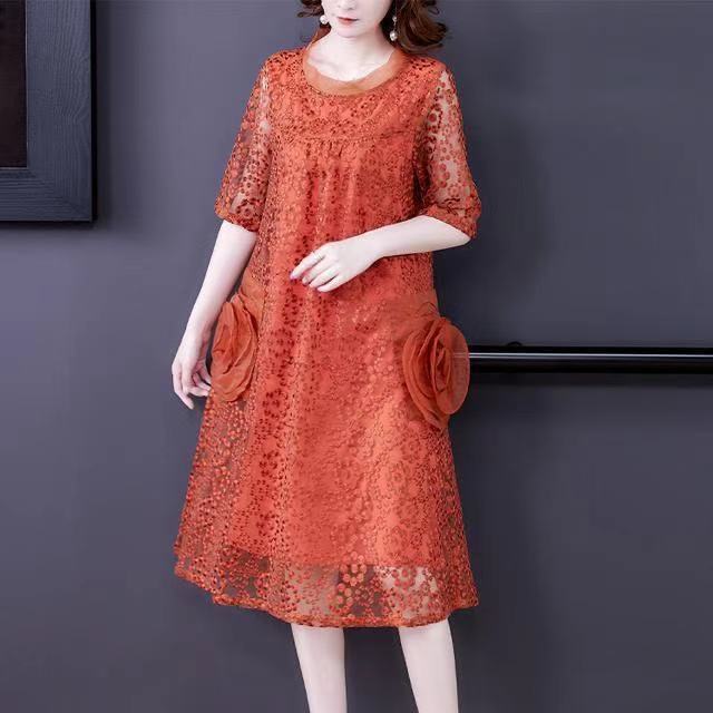 夏季新款大码女显瘦中长款绣花裙子