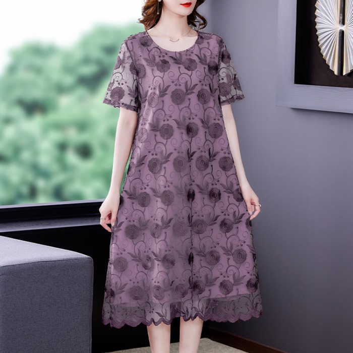 夏新款网纱绣花连衣裙女短袖宽松中老年女装中长款裙子